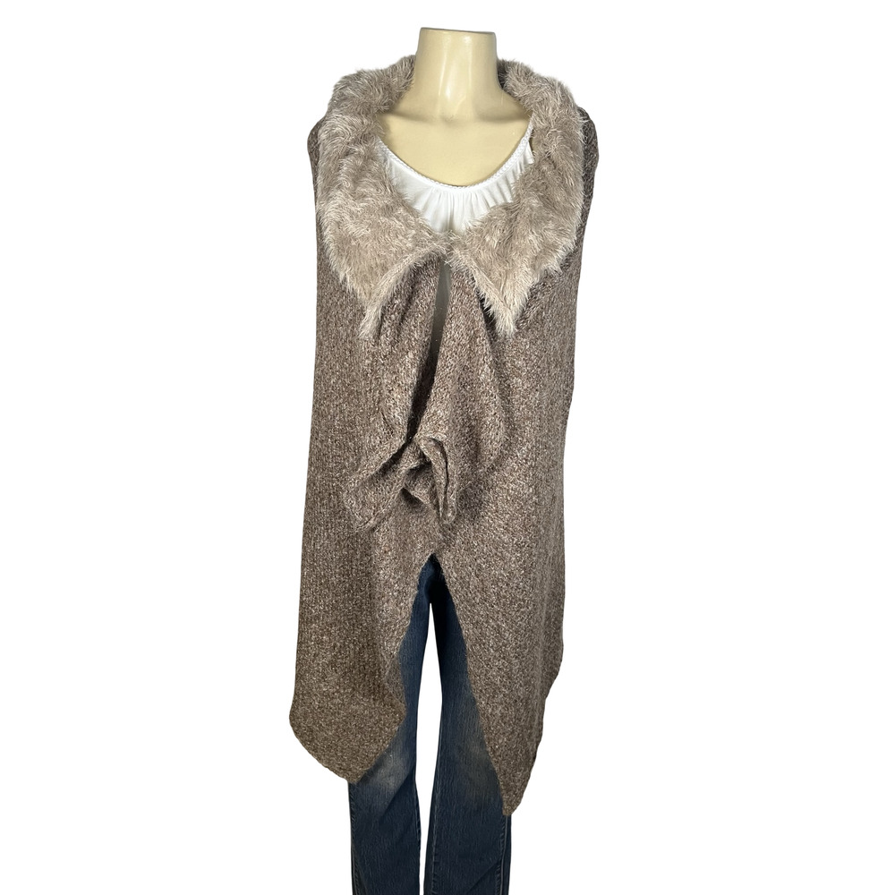 Hem & Thread Sweater‎ Vest Womens One Size Brown Faux Fur Collar Knit Open Front